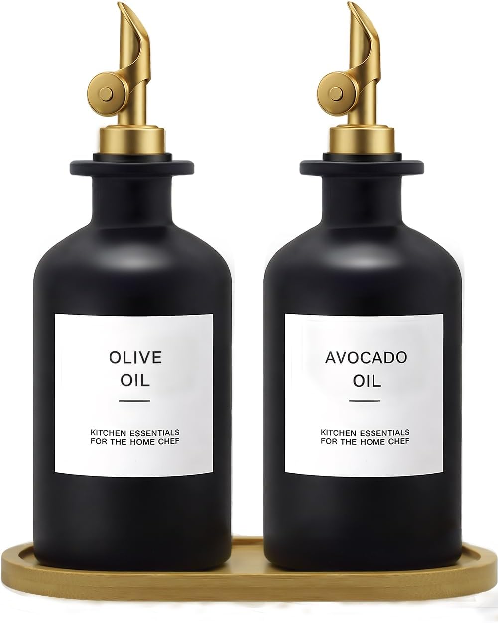 Olive Oil Dispenser Set, 2 x 11.8oz Deep Green Glass Bottles with Auto-Flip Spouts & 2 Capped Spare Spouts, Bamboo Tray, Oil & Vinegar Cruet (Green)