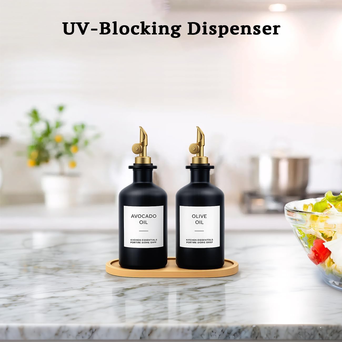Olive Oil Dispenser Set, 2 x 11.8oz Deep Green Glass Bottles with Auto-Flip Spouts & 2 Capped Spare Spouts, Bamboo Tray, Oil & Vinegar Cruet (Green)