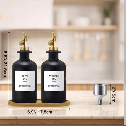Olive Oil Dispenser Set, 2 x 11.8oz Deep Green Glass Bottles with Auto-Flip Spouts & 2 Capped Spare Spouts, Bamboo Tray, Oil & Vinegar Cruet (Green)