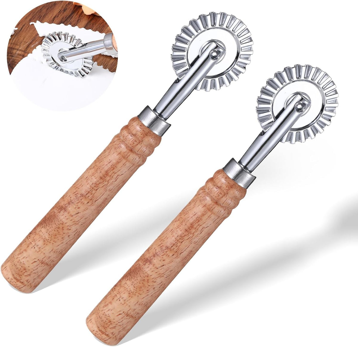 2 Pcs Pastry Wheel Cutter, Pastry and Pasta Cutter Wheel, Ravioli Pizza Cutter Wheels with Long Wooden Handle Dumpling Lace Making Noodle Dough Ruffled Edge Cookies Pie Cutting Tool