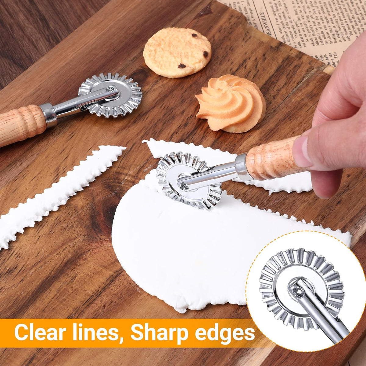 2 Pcs Pastry Wheel Cutter, Pastry and Pasta Cutter Wheel, Ravioli Pizza Cutter Wheels with Long Wooden Handle Dumpling Lace Making Noodle Dough Ruffled Edge Cookies Pie Cutting Tool