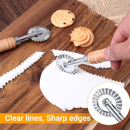 2 Pcs Pastry Wheel Cutter, Pastry and Pasta Cutter Wheel, Ravioli Pizza Cutter Wheels with Long Wooden Handle Dumpling Lace Making Noodle Dough Ruffled Edge Cookies Pie Cutting Tool
