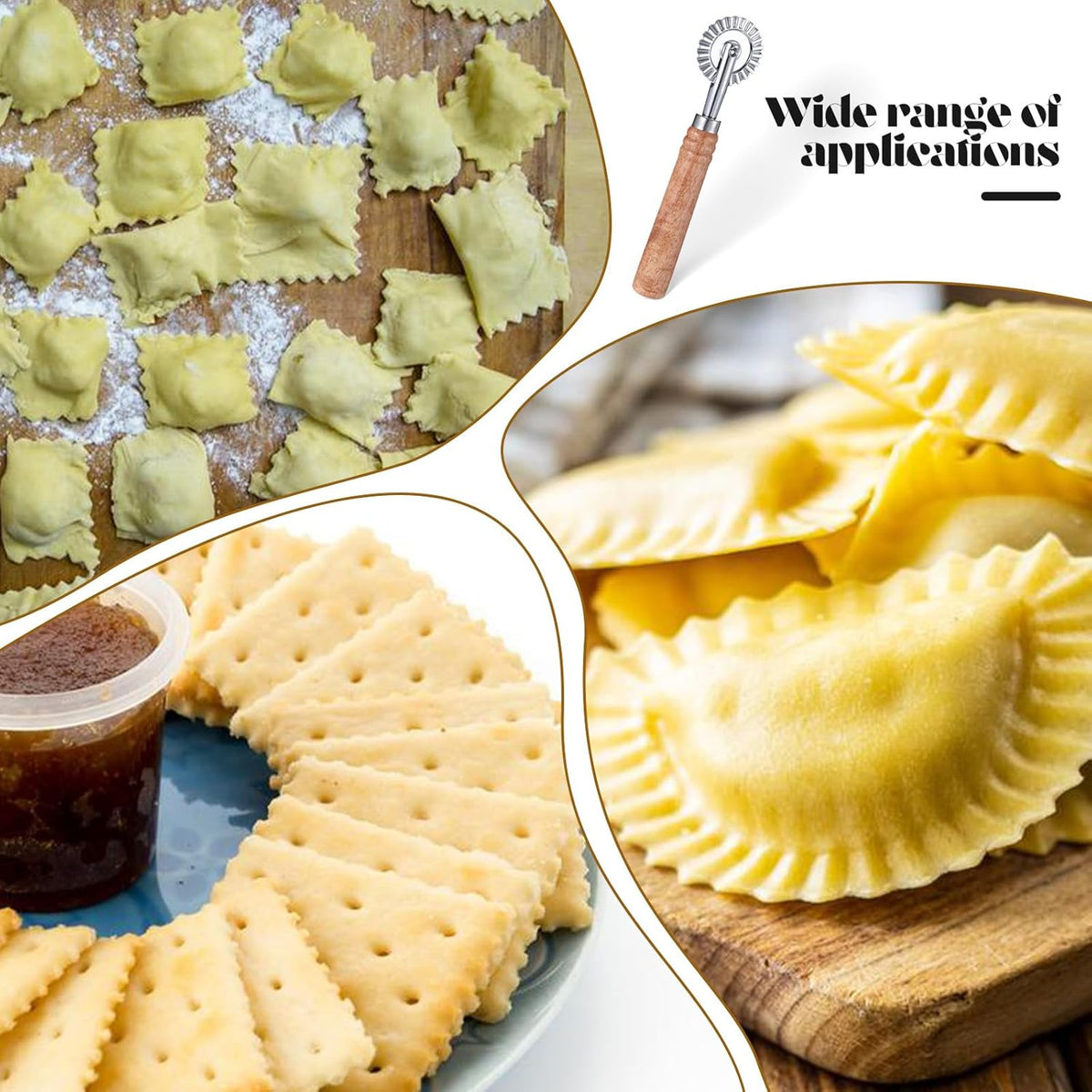 2 Pcs Pastry Wheel Cutter, Pastry and Pasta Cutter Wheel, Ravioli Pizza Cutter Wheels with Long Wooden Handle Dumpling Lace Making Noodle Dough Ruffled Edge Cookies Pie Cutting Tool