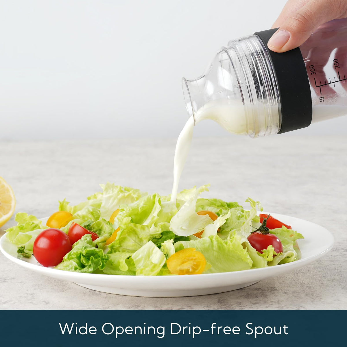 2 in 1 Salad Dressing Shaker Container with Juicer, Pour Spout, Leakproof, Dishwasher Safe, BPA Free, Travel Homemade Oil and Vinegar Salad Dressing Bottle Mixer Dispenser, 1-1/2 Cups