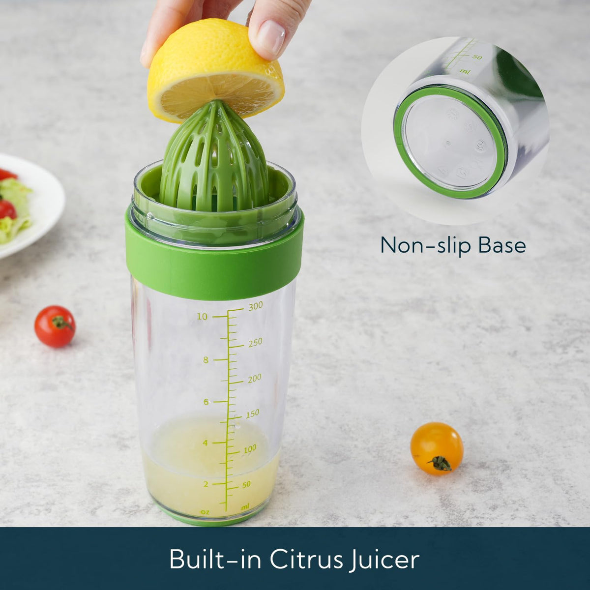 2 in 1 Salad Dressing Shaker Container with Juicer, Pour Spout, Leakproof, Dishwasher Safe, BPA Free, Travel Homemade Oil and Vinegar Salad Dressing Bottle Mixer Dispenser, 1-1/2 Cups
