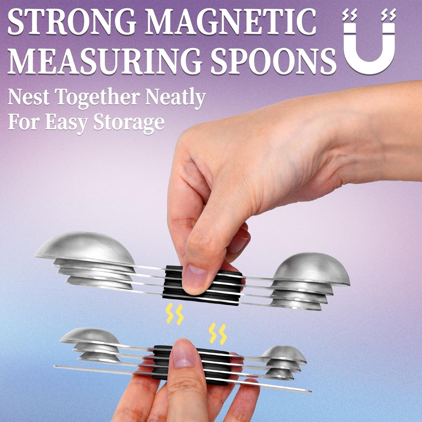 Magnetic Measuring Spoons Set of 8 with Leveler, Stainless Steel Metal Measuring Spoon, Dual Sided for Measuring Dry and Liquid Ingredients, Teaspoon Tablespoon Measure Spoons (Black)