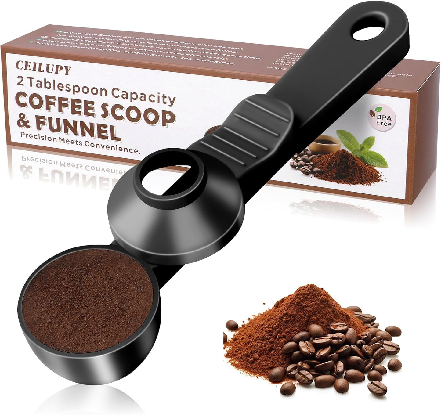 2 Tbsp Coffee Scoop with Built-in Funnel, Mess-Free Ground Coffee | For Protein Powder, Tea & Reusable K-Cup Refilling. Precise measurement, easy to use for daily brewing needs.