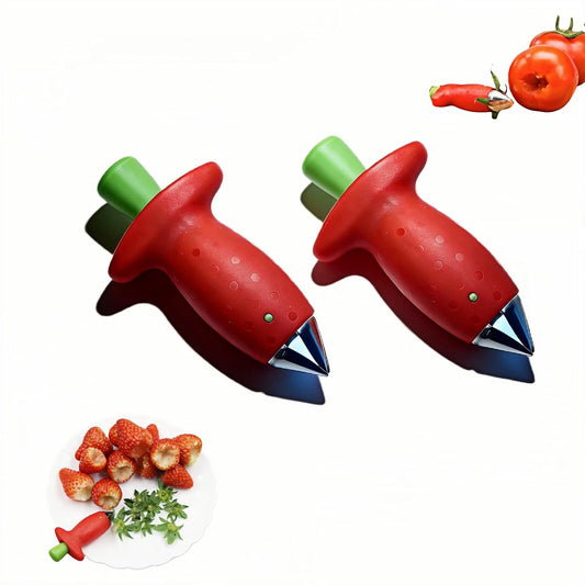 Strawberry Huller Stem Remover, Stainless Steel Fruit Corer Tool for Strawberries, Tomatoes, Pineapples, Red/Green, 2 Pack
