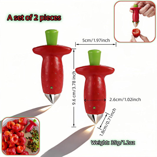 Strawberry Huller Stem Remover, Stainless Steel Fruit Corer Tool for Strawberries, Tomatoes, Pineapples, Red/Green, 2 Pack