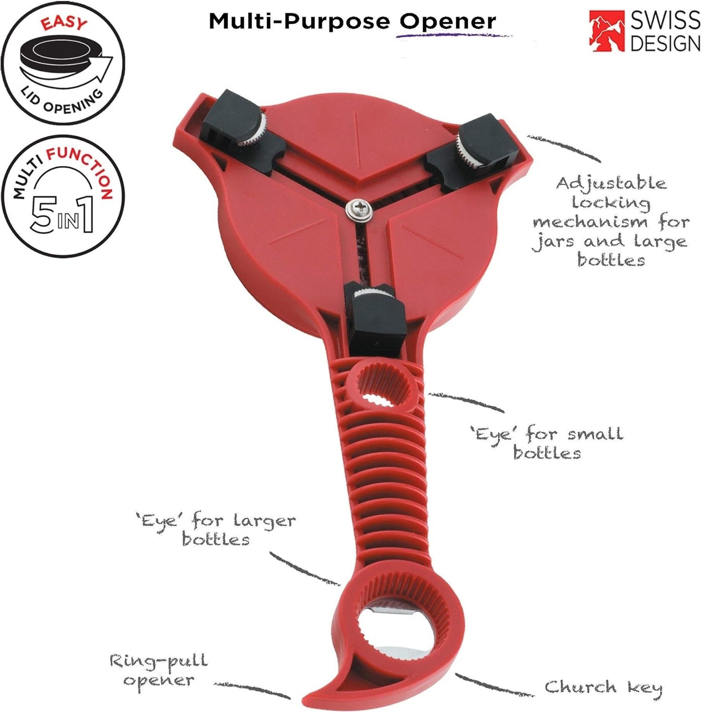 5-in-1 Multi-Purpose Strain-Free Opener for Jars, Bottles and Ring-Pull Cans, 5 x 10 x 2.25 inches, Red