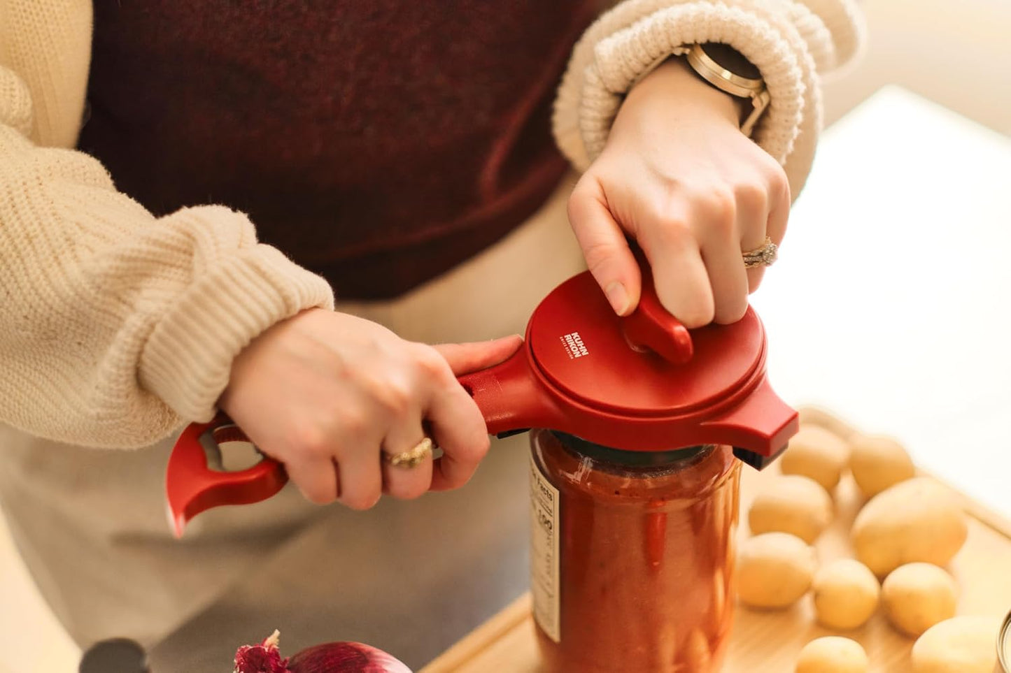 5-in-1 Multi-Purpose Strain-Free Opener for Jars, Bottles and Ring-Pull Cans, 5 x 10 x 2.25 inches, Red