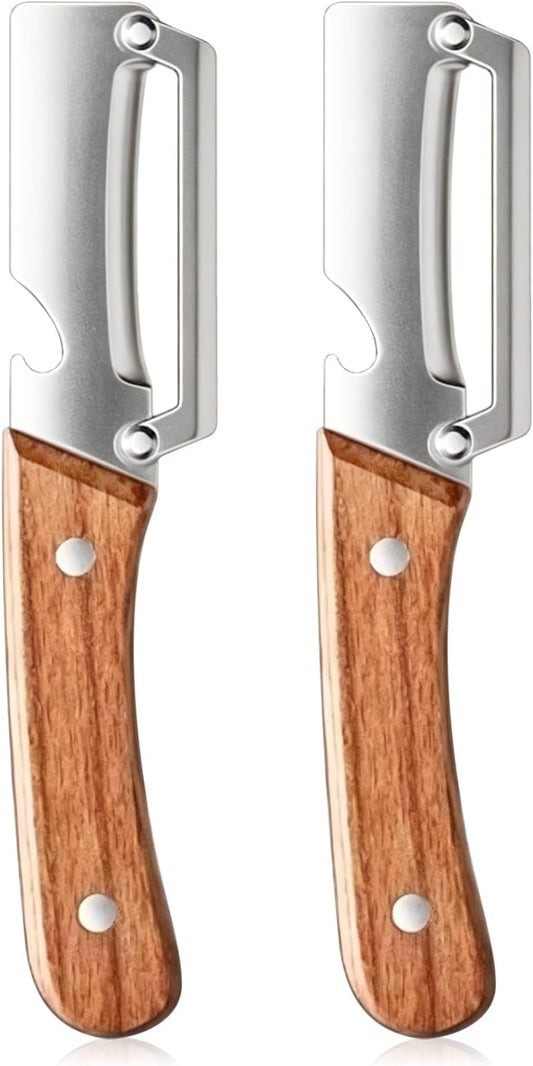 2PCS 2-in-1 Multifunctional Vegetable Peeler, Handheld Stainless Steel Peeler Slicer with Wooden Handle & Built-in Bottle Opener, Ideal for Fruit Apple Potato Pumpkin Papaya