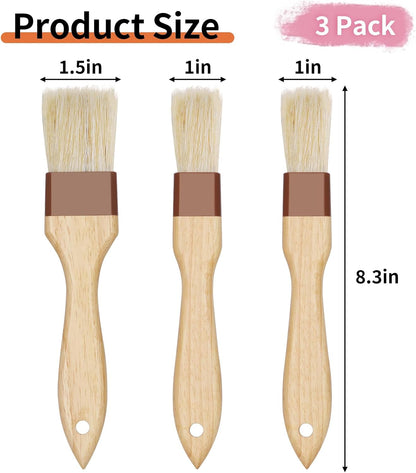 3 Pack Natural Bristle Pastry Brush for Basting Baking Cooking Food | Wooden Handle for Grilling & BBQ, Shed-Resistant Cooking Brushes for Sauce, Oil, Butter and Marinade