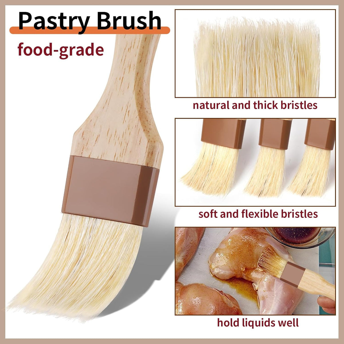 3 Pack Natural Bristle Pastry Brush for Basting Baking Cooking Food | Wooden Handle for Grilling & BBQ, Shed-Resistant Cooking Brushes for Sauce, Oil, Butter and Marinade