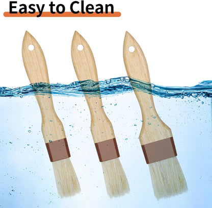 3 Pack Natural Bristle Pastry Brush for Basting Baking Cooking Food | Wooden Handle for Grilling & BBQ, Shed-Resistant Cooking Brushes for Sauce, Oil, Butter and Marinade