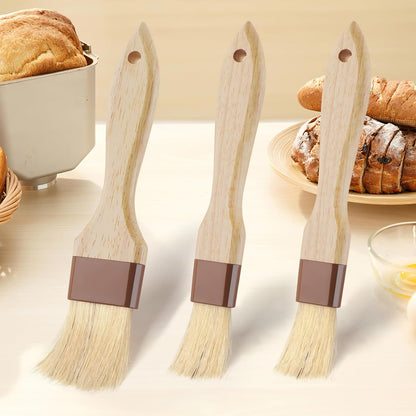 3 Pack Natural Bristle Pastry Brush for Basting Baking Cooking Food | Wooden Handle for Grilling & BBQ, Shed-Resistant Cooking Brushes for Sauce, Oil, Butter and Marinade