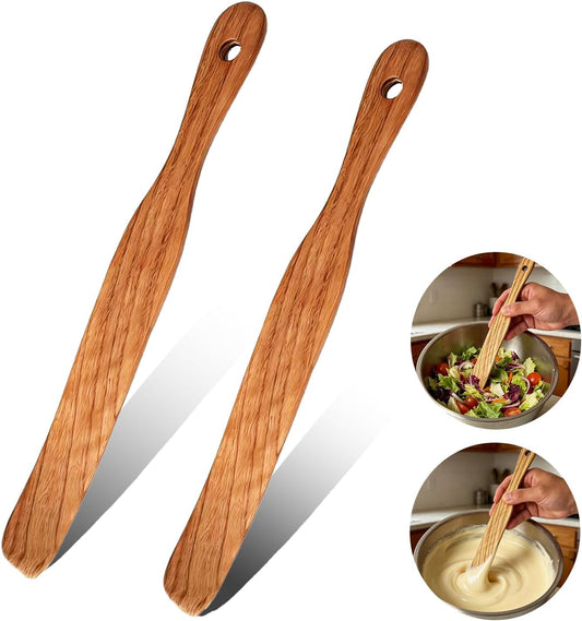 2 Pack Long Handle Spurtle for Sourdough Starter, Wooden Dough Mixer Set | Extra Long Jar Spatula Reaches Bottom, Ideal for Stirring and Whisking, Natural Wood Kitchen Utensil for Baking