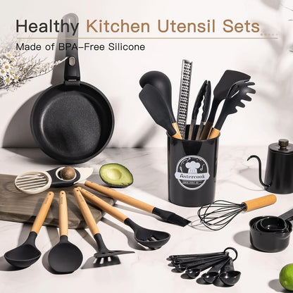 39 PCS Kitchen Utensils Set, Silicone Cooking Utensil Sets with Wooden Handle, 446°F Heat Resistant Food Grade Spatula Set, BPA Free Kitchen Gadgets Tools Set & Spoons for Nonstick Cookware