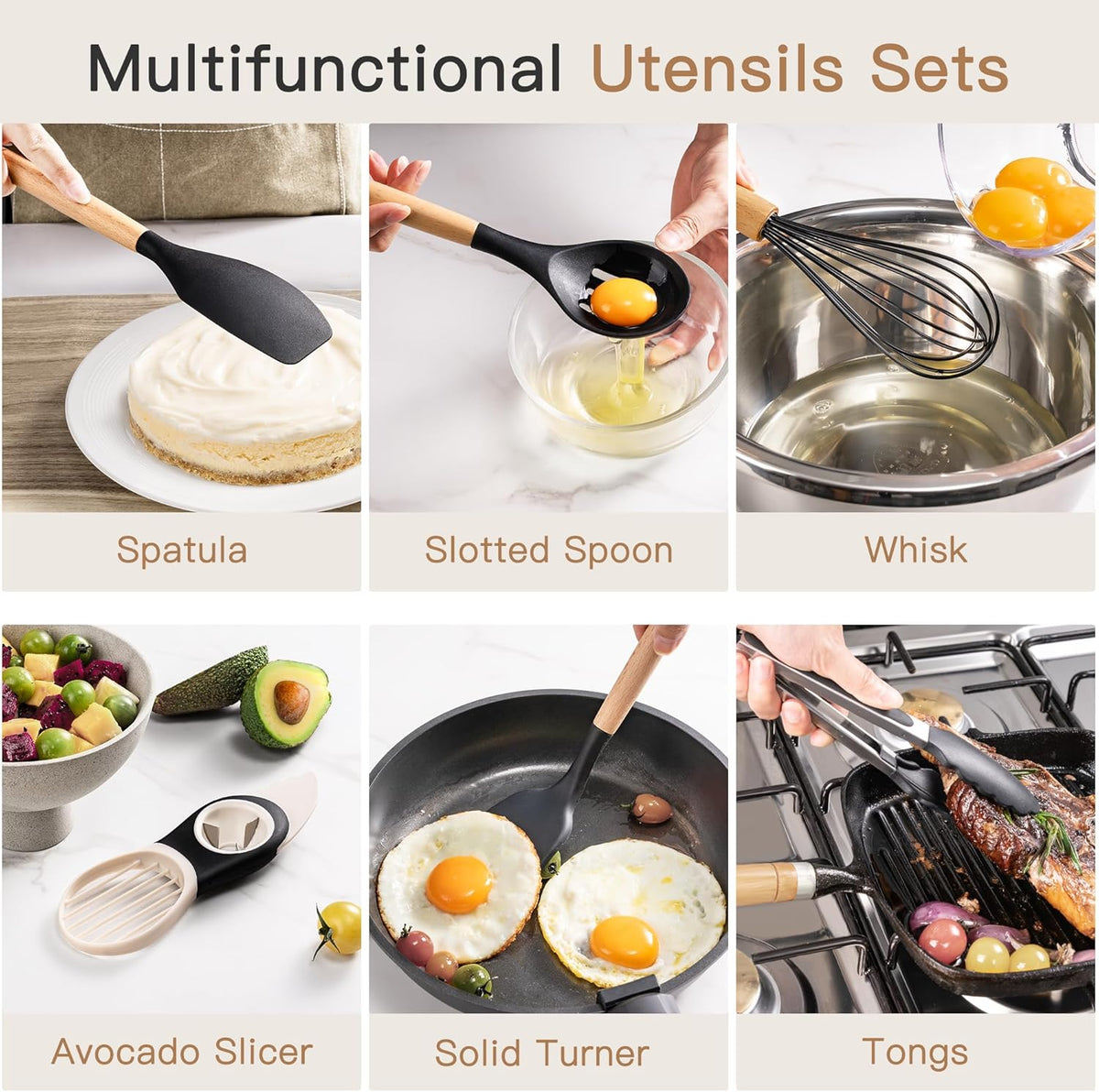 39 PCS Kitchen Utensils Set, Silicone Cooking Utensil Sets with Wooden Handle, 446°F Heat Resistant Food Grade Spatula Set, BPA Free Kitchen Gadgets Tools Set & Spoons for Nonstick Cookware