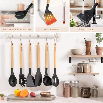 39 PCS Kitchen Utensils Set, Silicone Cooking Utensil Sets with Wooden Handle, 446°F Heat Resistant Food Grade Spatula Set, BPA Free Kitchen Gadgets Tools Set & Spoons for Nonstick Cookware