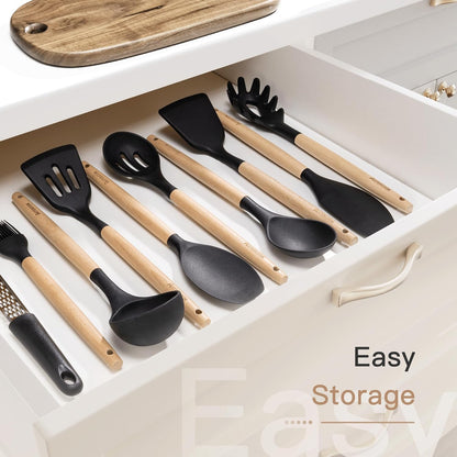39 PCS Kitchen Utensils Set, Silicone Cooking Utensil Sets with Wooden Handle, 446°F Heat Resistant Food Grade Spatula Set, BPA Free Kitchen Gadgets Tools Set & Spoons for Nonstick Cookware