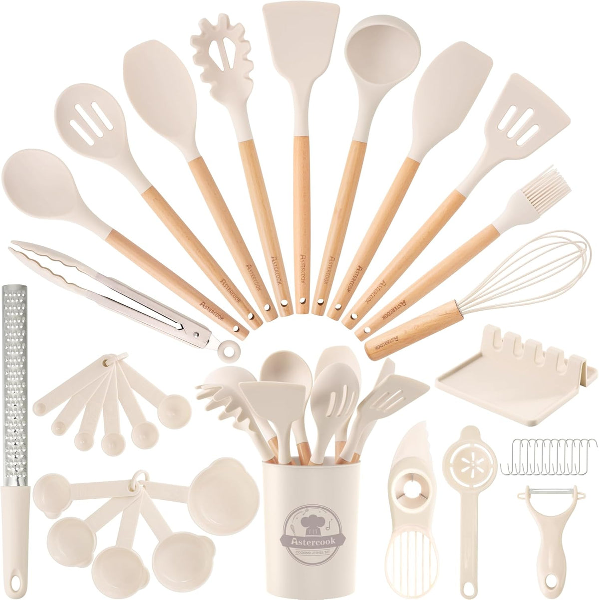 39 PCS Kitchen Utensils Set, Silicone Cooking Utensil Sets with Wooden Handle, 446°F Heat Resistant Food Grade Spatula Set, BPA Free Kitchen Gadgets Tools Set & Spoons for Nonstick Cookware