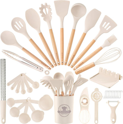 39 PCS Kitchen Utensils Set, Silicone Cooking Utensil Sets with Wooden Handle, 446°F Heat Resistant Food Grade Spatula Set, BPA Free Kitchen Gadgets Tools Set & Spoons for Nonstick Cookware