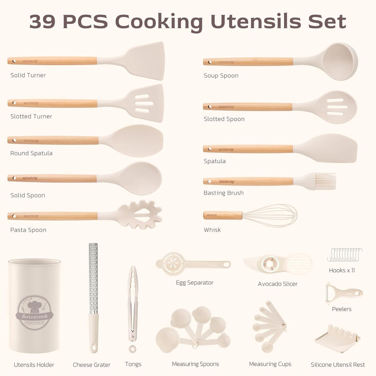 39 PCS Kitchen Utensils Set, Silicone Cooking Utensil Sets with Wooden Handle, 446°F Heat Resistant Food Grade Spatula Set, BPA Free Kitchen Gadgets Tools Set & Spoons for Nonstick Cookware