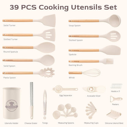 39 PCS Kitchen Utensils Set, Silicone Cooking Utensil Sets with Wooden Handle, 446°F Heat Resistant Food Grade Spatula Set, BPA Free Kitchen Gadgets Tools Set & Spoons for Nonstick Cookware
