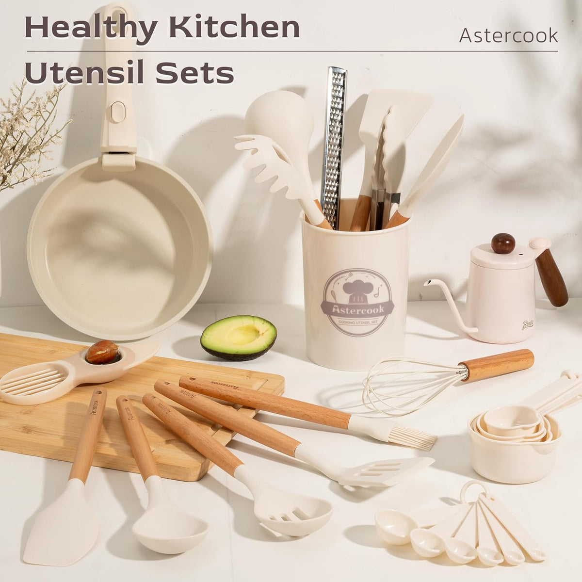 39 PCS Kitchen Utensils Set, Silicone Cooking Utensil Sets with Wooden Handle, 446°F Heat Resistant Food Grade Spatula Set, BPA Free Kitchen Gadgets Tools Set & Spoons for Nonstick Cookware