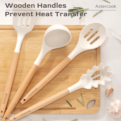 39 PCS Kitchen Utensils Set, Silicone Cooking Utensil Sets with Wooden Handle, 446°F Heat Resistant Food Grade Spatula Set, BPA Free Kitchen Gadgets Tools Set & Spoons for Nonstick Cookware