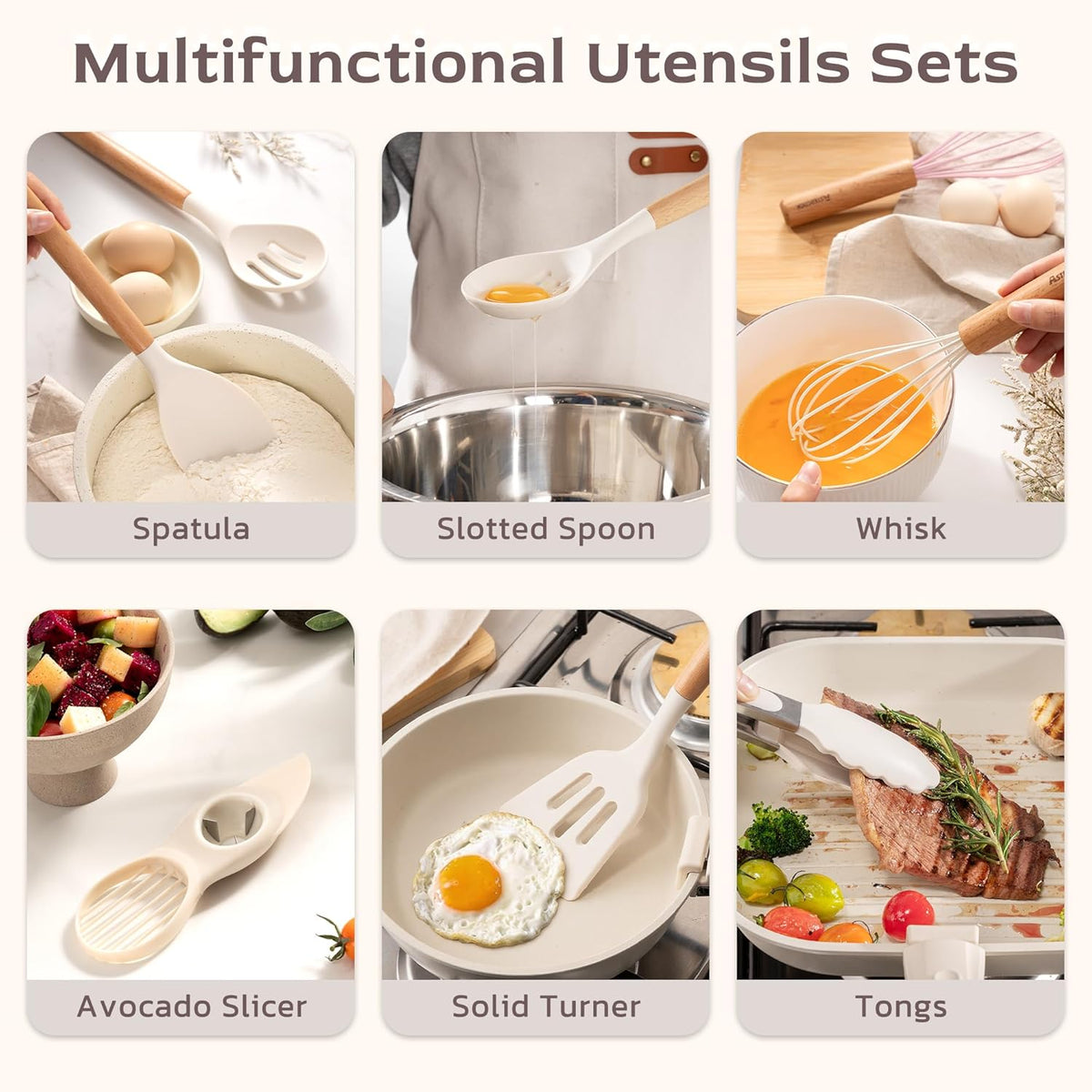 39 PCS Kitchen Utensils Set, Silicone Cooking Utensil Sets with Wooden Handle, 446°F Heat Resistant Food Grade Spatula Set, BPA Free Kitchen Gadgets Tools Set & Spoons for Nonstick Cookware