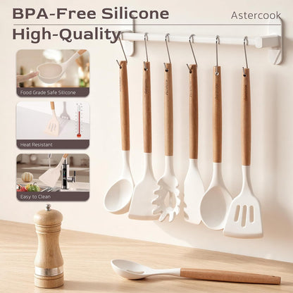 39 PCS Kitchen Utensils Set, Silicone Cooking Utensil Sets with Wooden Handle, 446°F Heat Resistant Food Grade Spatula Set, BPA Free Kitchen Gadgets Tools Set & Spoons for Nonstick Cookware