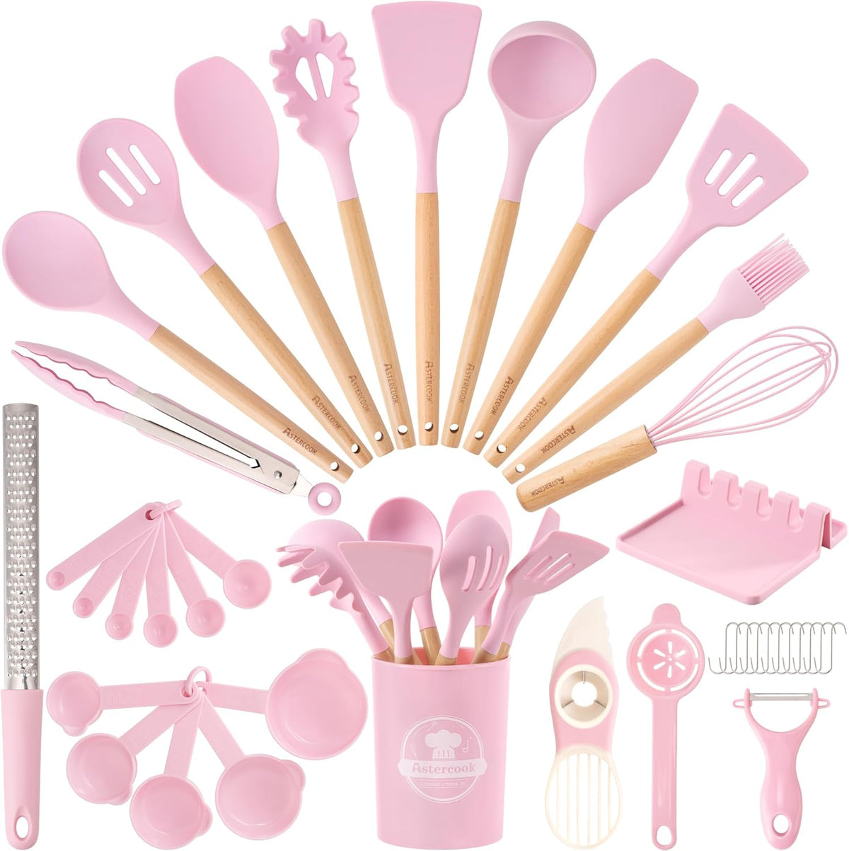 39 PCS Kitchen Utensils Set, Silicone Cooking Utensil Sets with Wooden Handle, 446°F Heat Resistant Food Grade Spatula Set, BPA Free Kitchen Gadgets Tools Set & Spoons for Nonstick Cookware