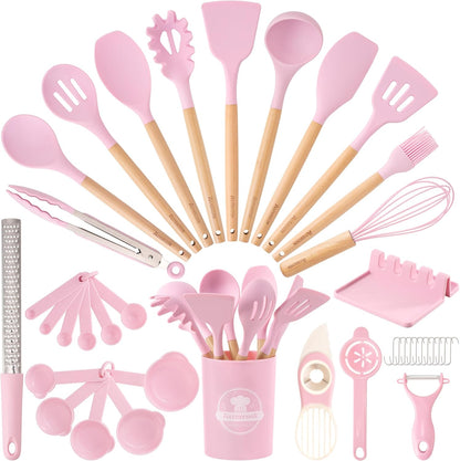 39 PCS Kitchen Utensils Set, Silicone Cooking Utensil Sets with Wooden Handle, 446°F Heat Resistant Food Grade Spatula Set, BPA Free Kitchen Gadgets Tools Set & Spoons for Nonstick Cookware
