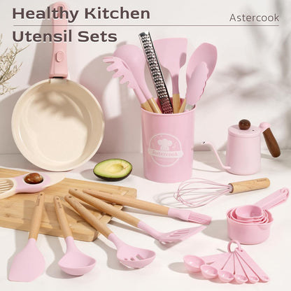 39 PCS Kitchen Utensils Set, Silicone Cooking Utensil Sets with Wooden Handle, 446°F Heat Resistant Food Grade Spatula Set, BPA Free Kitchen Gadgets Tools Set & Spoons for Nonstick Cookware