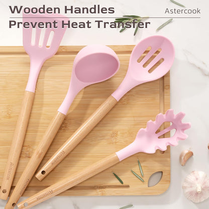 39 PCS Kitchen Utensils Set, Silicone Cooking Utensil Sets with Wooden Handle, 446°F Heat Resistant Food Grade Spatula Set, BPA Free Kitchen Gadgets Tools Set & Spoons for Nonstick Cookware