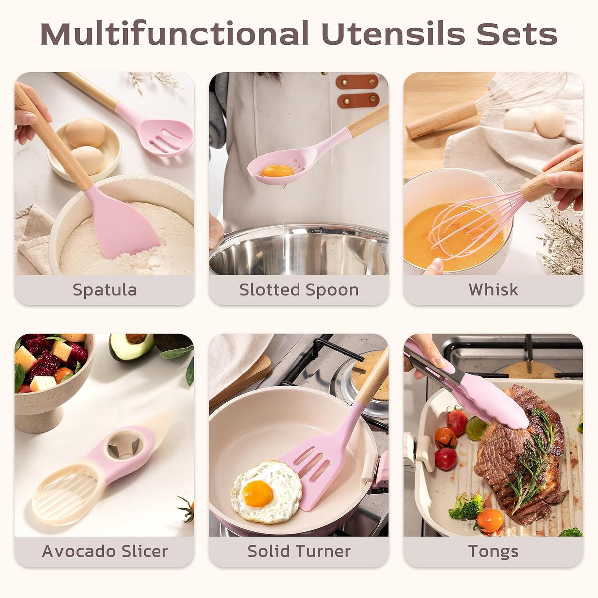 39 PCS Kitchen Utensils Set, Silicone Cooking Utensil Sets with Wooden Handle, 446°F Heat Resistant Food Grade Spatula Set, BPA Free Kitchen Gadgets Tools Set & Spoons for Nonstick Cookware