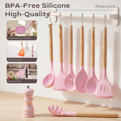39 PCS Kitchen Utensils Set, Silicone Cooking Utensil Sets with Wooden Handle, 446°F Heat Resistant Food Grade Spatula Set, BPA Free Kitchen Gadgets Tools Set & Spoons for Nonstick Cookware