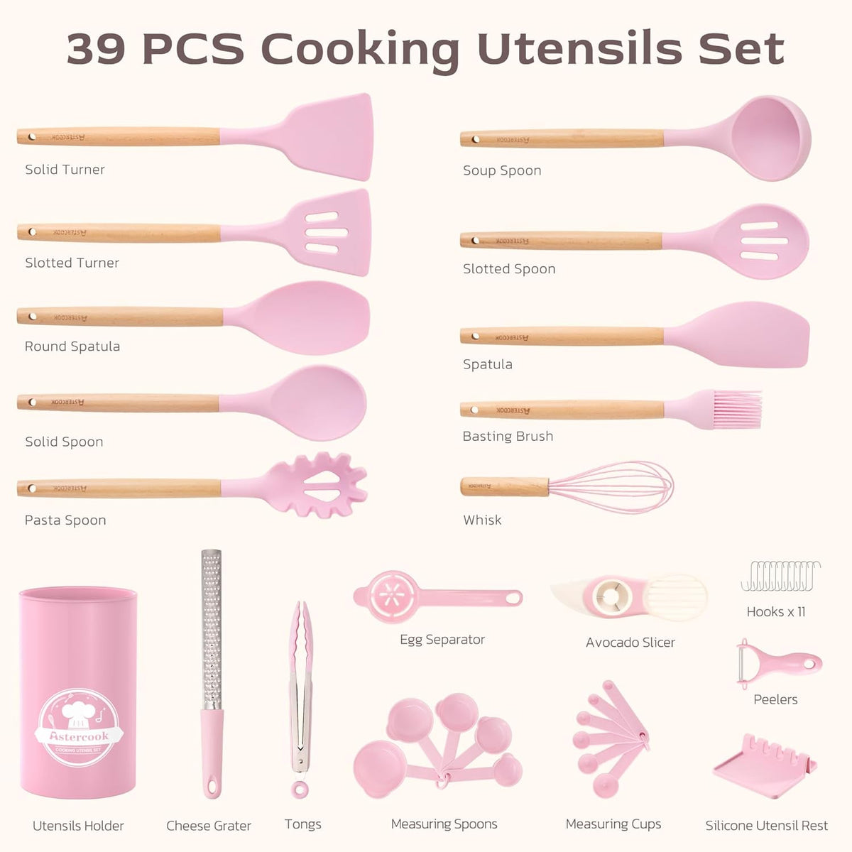 39 PCS Kitchen Utensils Set, Silicone Cooking Utensil Sets with Wooden Handle, 446°F Heat Resistant Food Grade Spatula Set, BPA Free Kitchen Gadgets Tools Set & Spoons for Nonstick Cookware