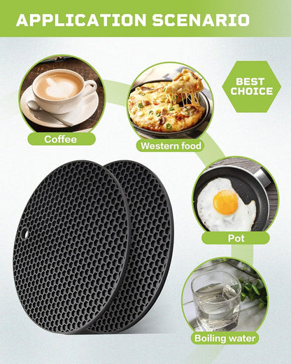 2pcs Silicone Mats for Kitchen Counter,Pot Holders,Trivet,Hot Pads | Potholders for Kitchens,Trivets for Hot Pots,Flexible & Easy to Wash and Dry (Black)