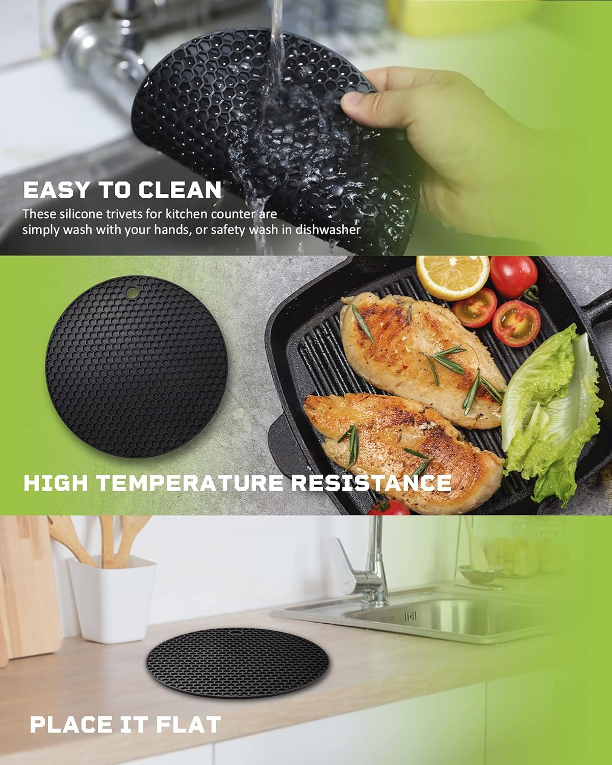 2pcs Silicone Mats for Kitchen Counter,Pot Holders,Trivet,Hot Pads | Potholders for Kitchens,Trivets for Hot Pots,Flexible & Easy to Wash and Dry (Black)