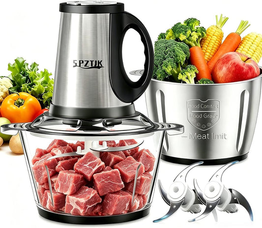 3-Speed Electric Food Processor: Meat Grinder, Vegetable Chopper & Baby Food Maker - 300W, 2 Bowls (8 Cup Stainless Steel+8 Cup Glass), Quiet Operation