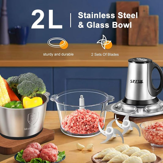 3-Speed Electric Food Processor: Meat Grinder, Vegetable Chopper & Baby Food Maker - 300W, 2 Bowls (8 Cup Stainless Steel+8 Cup Glass), Quiet Operation