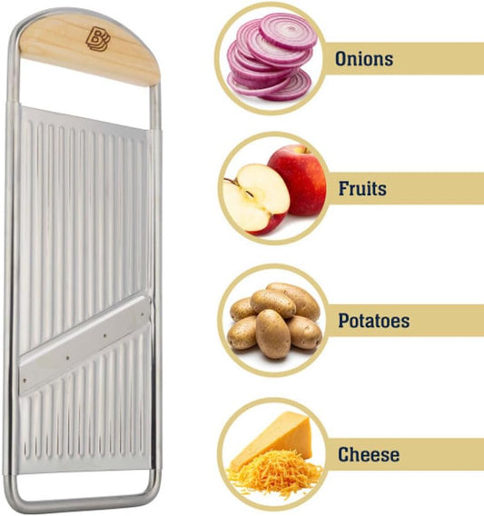 Handheld Mandoline Slicer for Kitchen - Stainless Steel Flat Mandolin with Cherrywood Handle - Julienne Cutter for Vegetable and Fruits - Italian Made Kitchen Gadgets