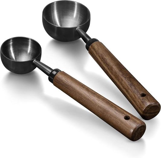 2Pcs Coffee Scoop for Ground Coffee - 1 Tbsp (15ml) & 2 Tbsp (30ml) Tablespoon Scoop, 304 Stainless Steel Coffee Measuring Spoon with Long Walnut Wood Handle, Black