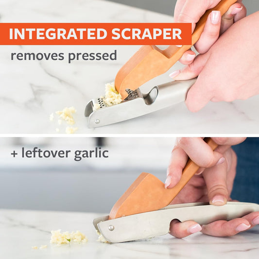 No Mess Garlic Press - Easy-Clean Stainless Steel - Effortless Crushing and Quick Mess-Free Clean-Up - Integrated Cleaner Scraper, Dishwasher safe