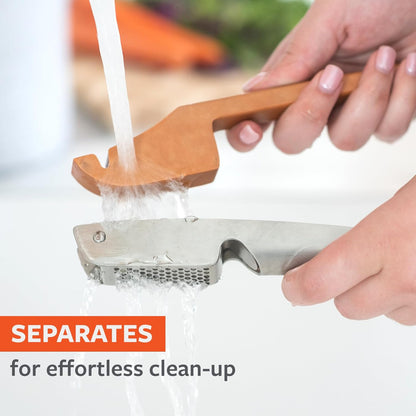 No Mess Garlic Press - Easy-Clean Stainless Steel - Effortless Crushing and Quick Mess-Free Clean-Up - Integrated Cleaner Scraper, Dishwasher safe