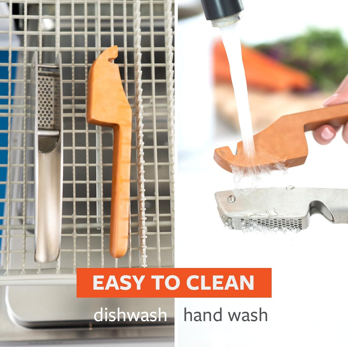 No Mess Garlic Press - Easy-Clean Stainless Steel - Effortless Crushing and Quick Mess-Free Clean-Up - Integrated Cleaner Scraper, Dishwasher safe