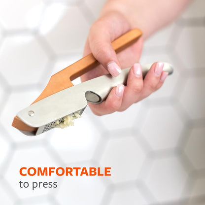 No Mess Garlic Press - Easy-Clean Stainless Steel - Effortless Crushing and Quick Mess-Free Clean-Up - Integrated Cleaner Scraper, Dishwasher safe